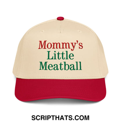 Beige and red baseball snapback hat with embroidered mommy’s little meatball text in red and green thread