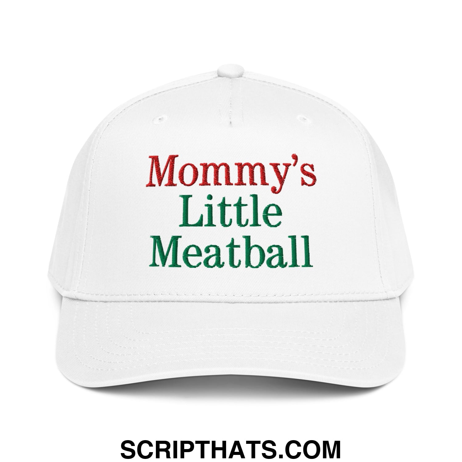 White embroidered baseball snapback hat with mommy’s little meatball text in red and green thread