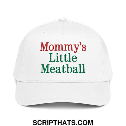 White embroidered baseball snapback hat with mommy’s little meatball text in red and green thread