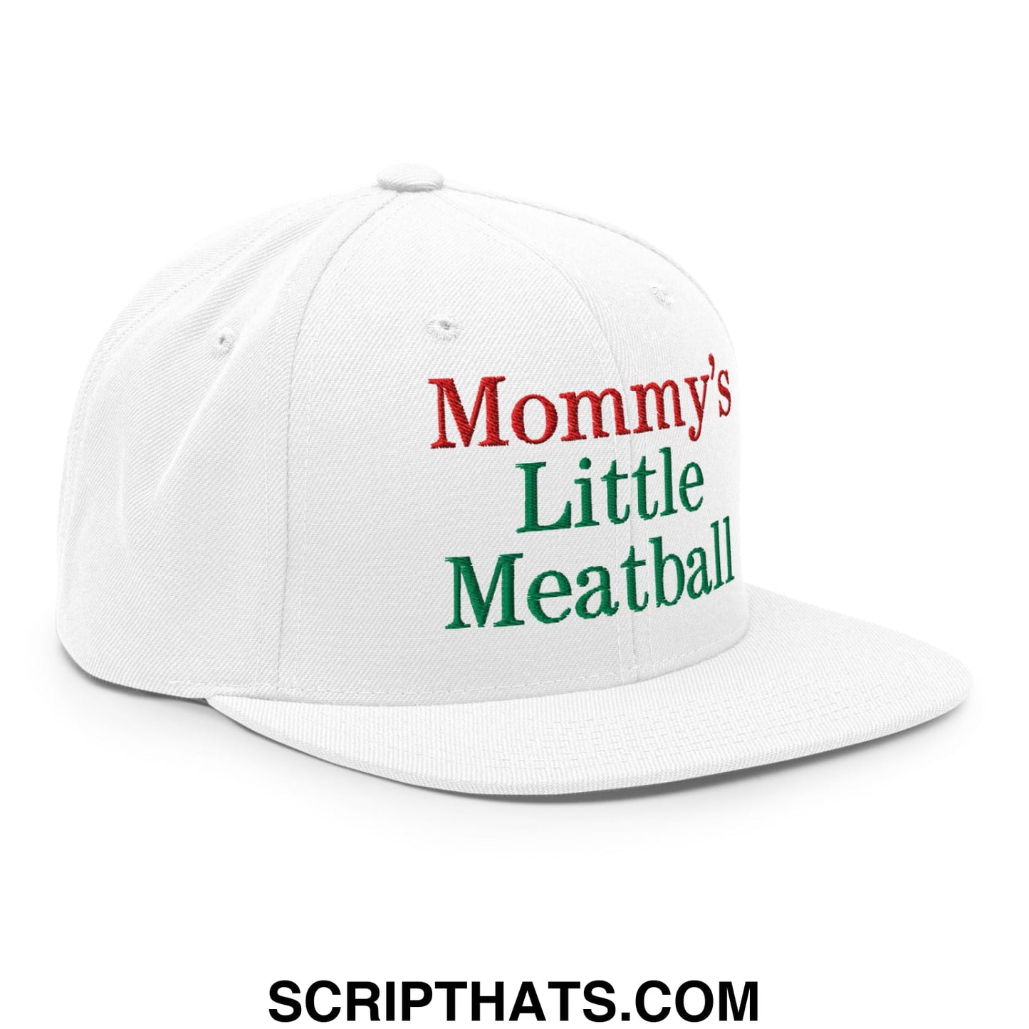 White snapback hat with embroidered red and green text mommy’s little meatball on flat bill brim