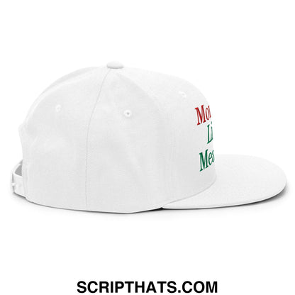 White snapback hat with red and green embroidered mommy’s little meatball text and flat bill brim on the side