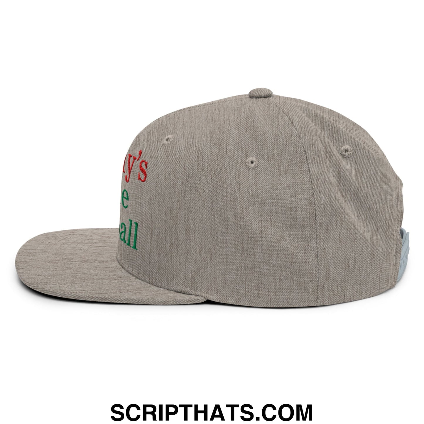 Gray heathered snapback cap with embroidered red and green mommy’s little meatball text on the side