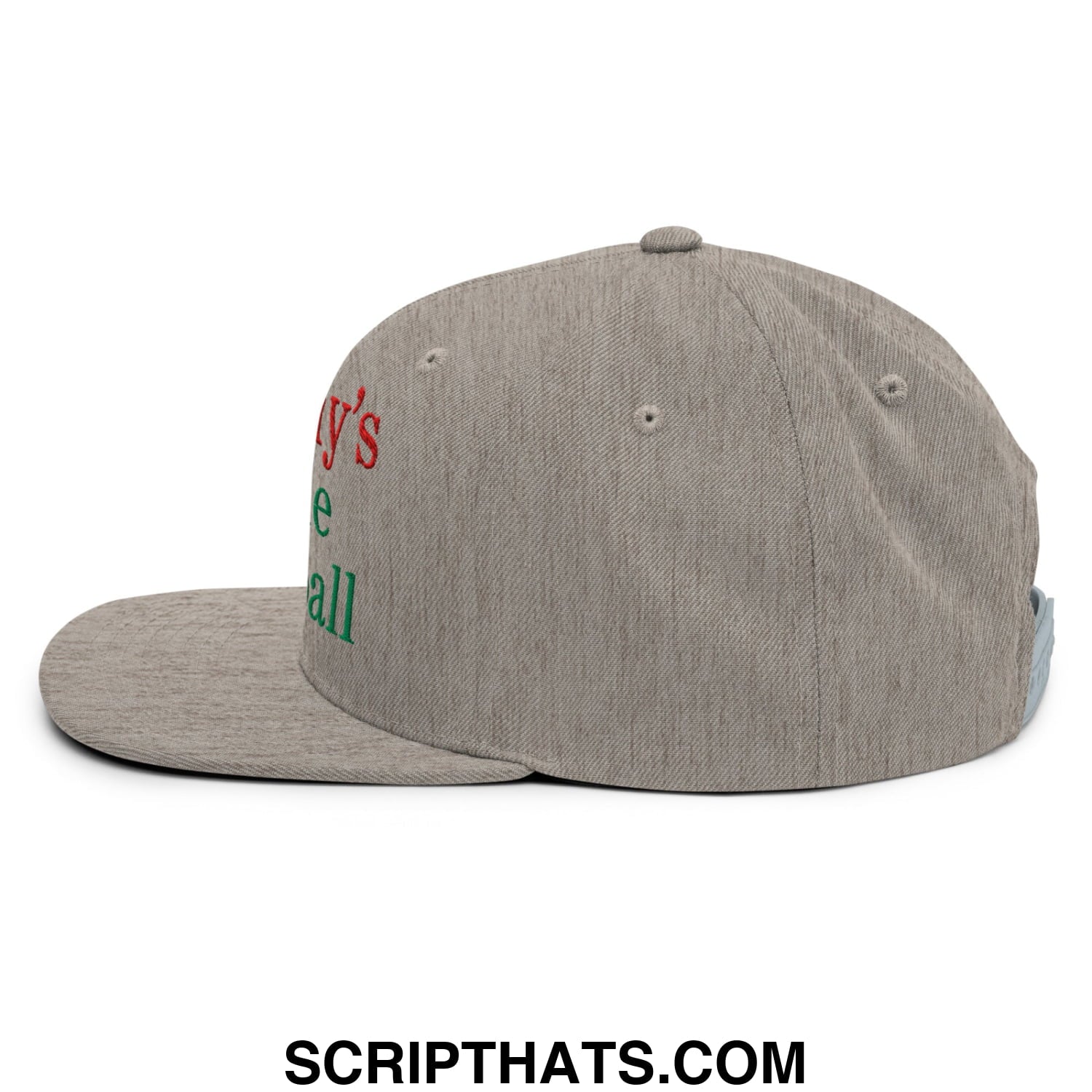 Gray heathered snapback cap with embroidered red and green mommy’s little meatball text on the side