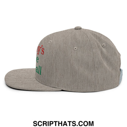 Gray heathered snapback cap with embroidered red and green mommy’s little meatball text on the side