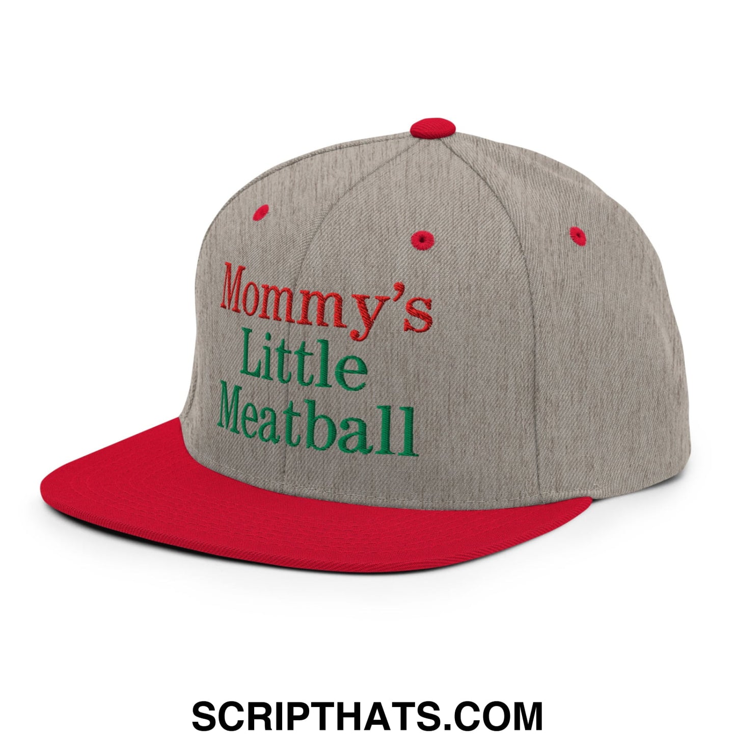 Gray and red snapback cap with embroidered mommy’s little meatball text in red and green thread on flat bill brim