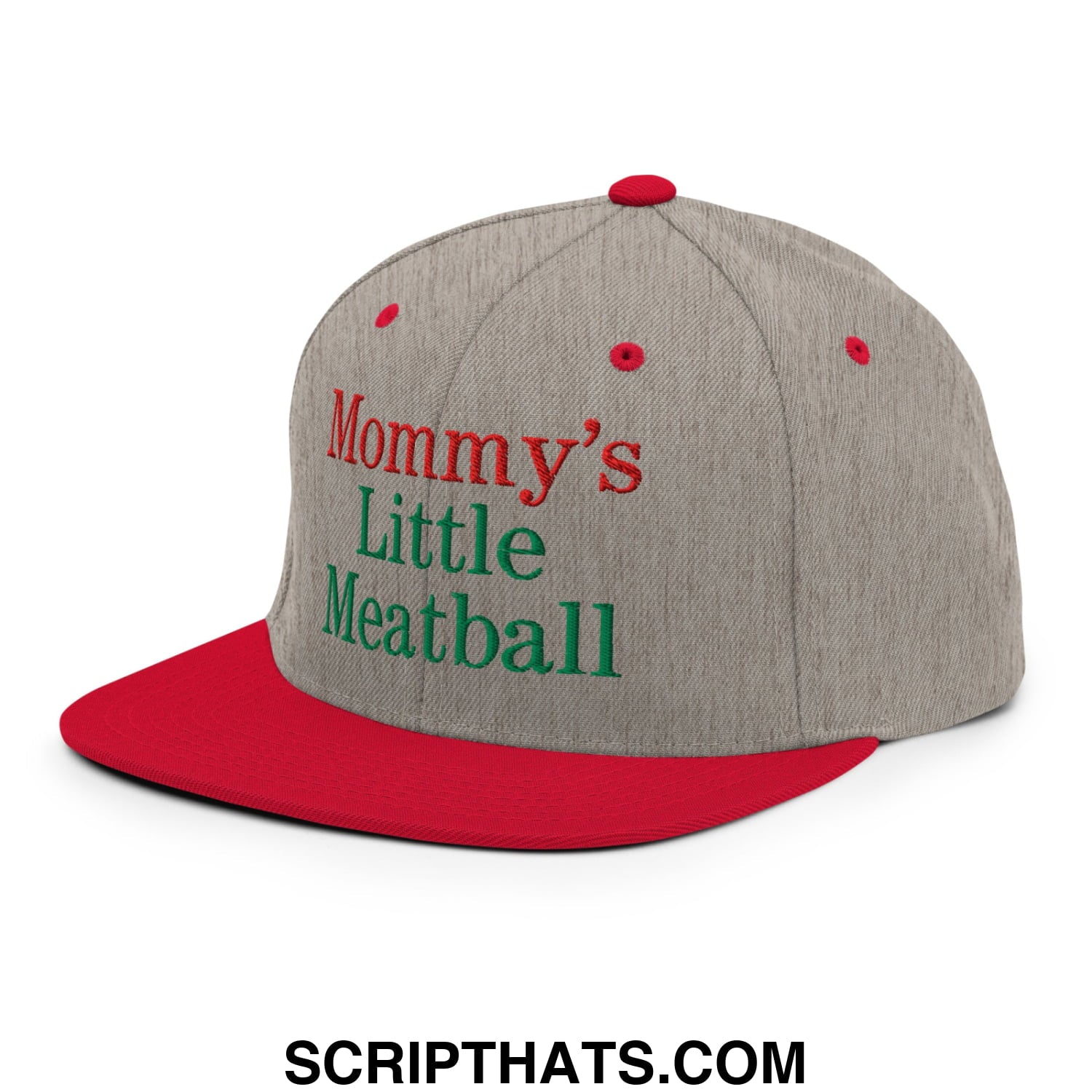 Gray and red snapback cap with embroidered mommy’s little meatball text in red and green thread on flat bill brim