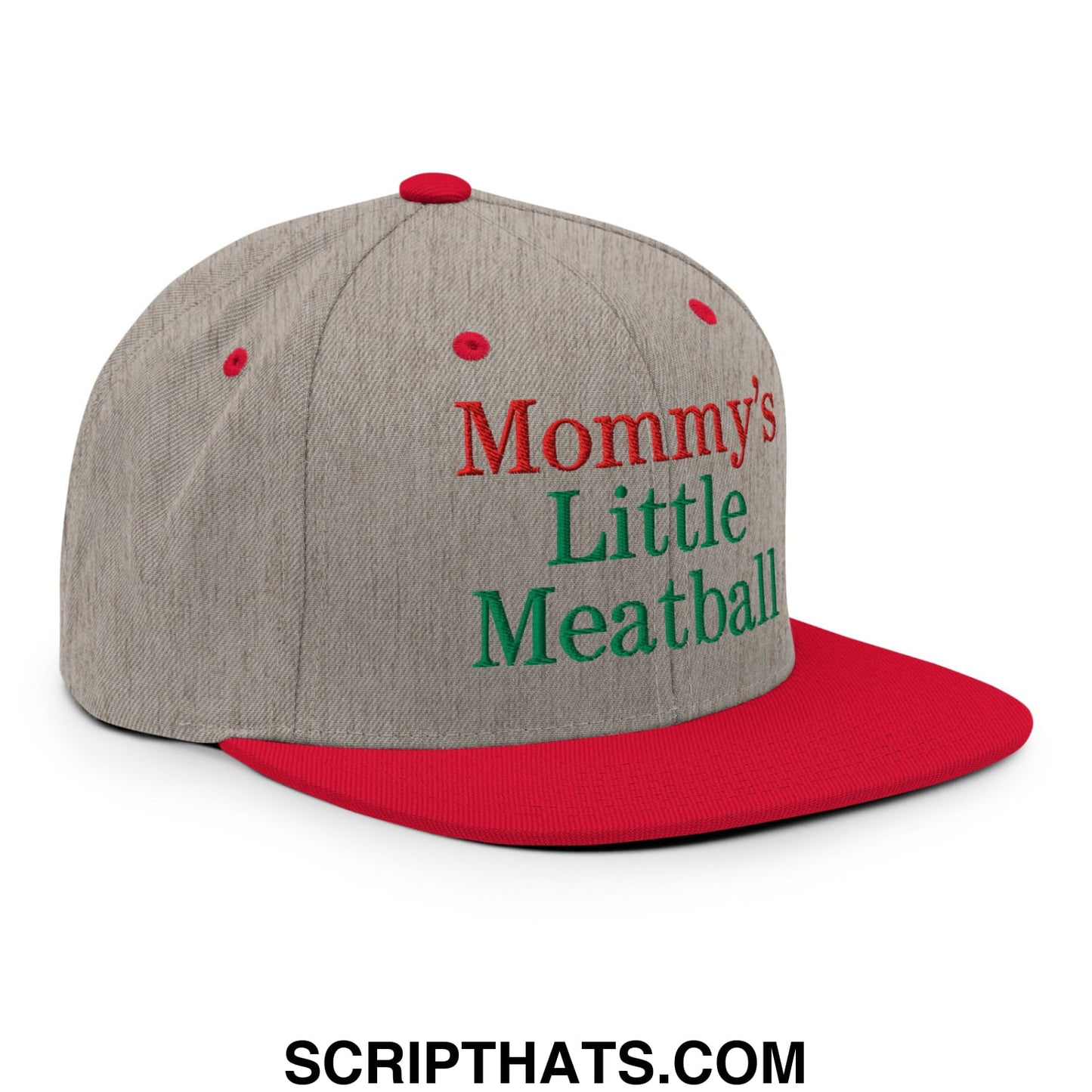 Gray and red snapback hat with mommy’s little meatball embroidered in red and green thread on the front panel