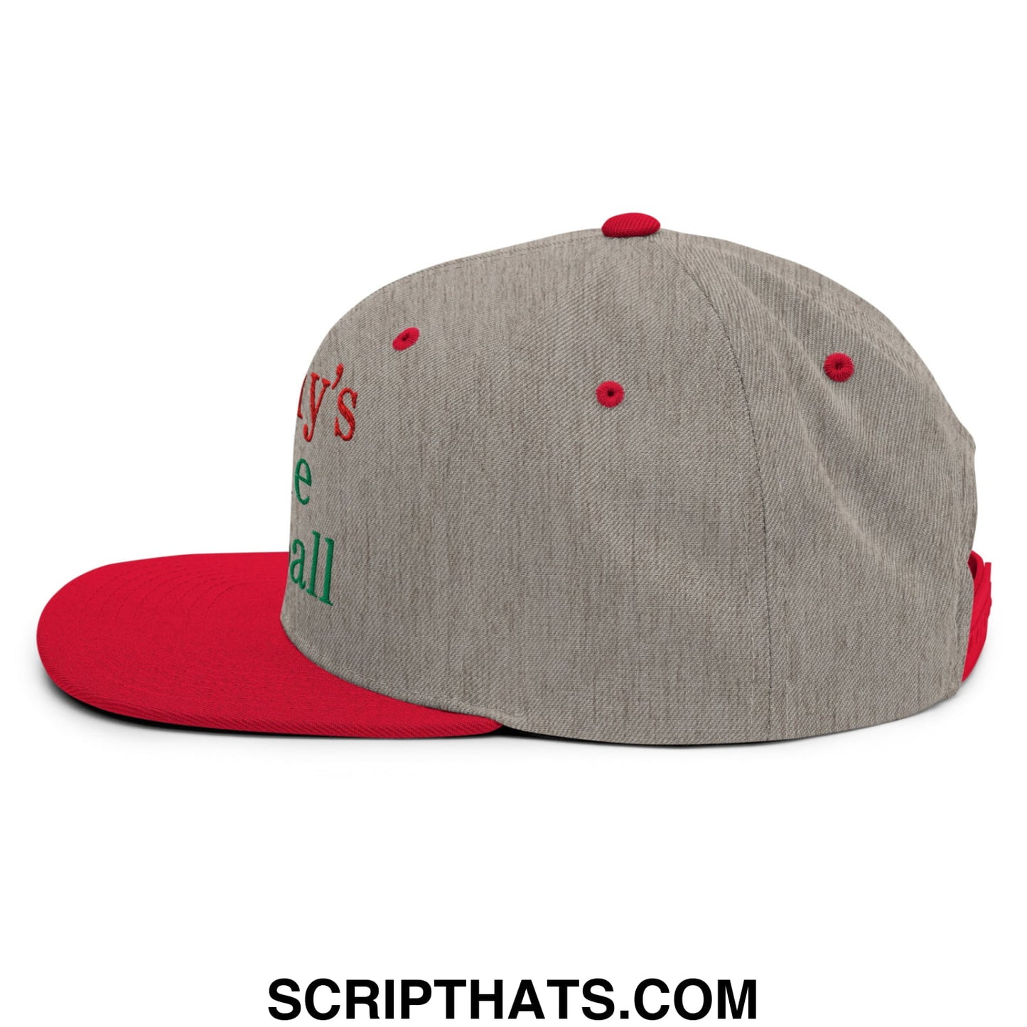 Gray and red snapback cap with embroidered mommy’s little meatball text in contrasting colors on flat bill brim