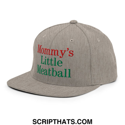 Gray snapback cap with flat bill brim featuring embroidered red and green text mommy’s little meatball