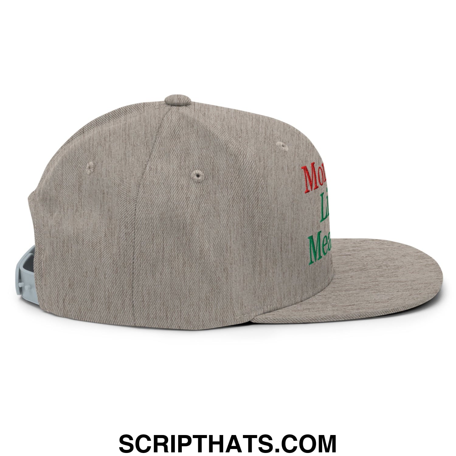 Gray heathered snapback cap with red and green embroidered mommy’s little meatball text on the side