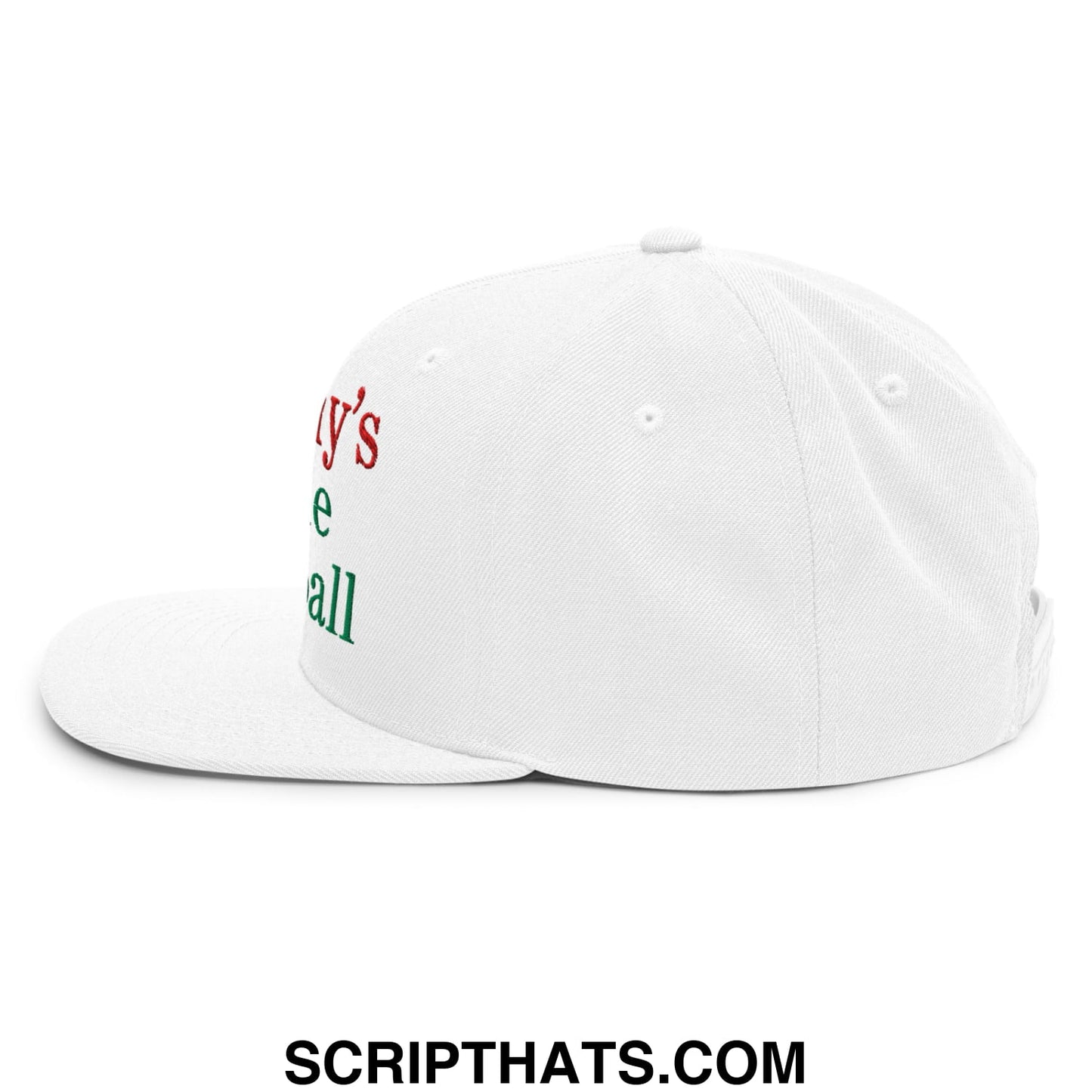 White flat bill snapback baseball cap with embroidered red and green mommy’s little meatball text on side