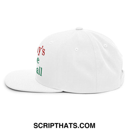 White flat bill snapback baseball cap with embroidered red and green mommy’s little meatball text on side