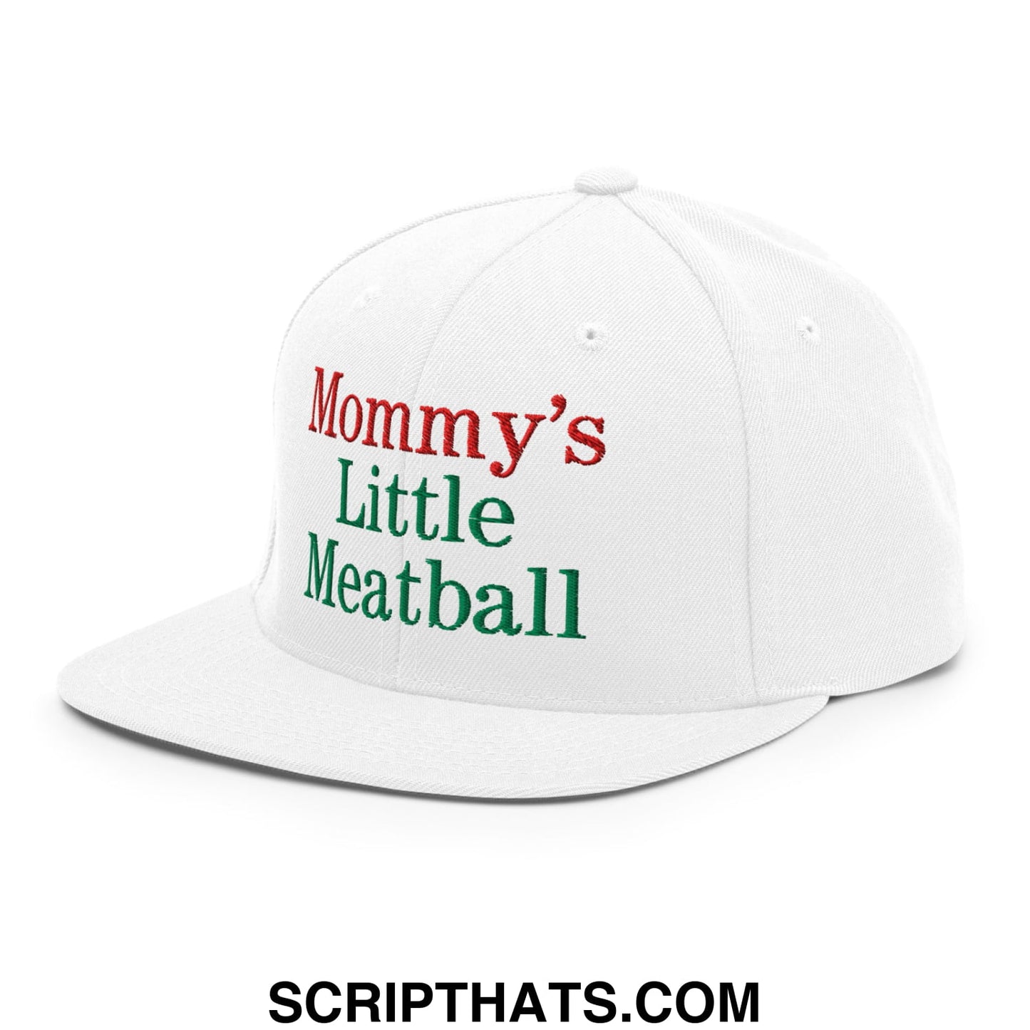 White snapback cap with mommys little meatball embroidered in red and green thread on the front panel