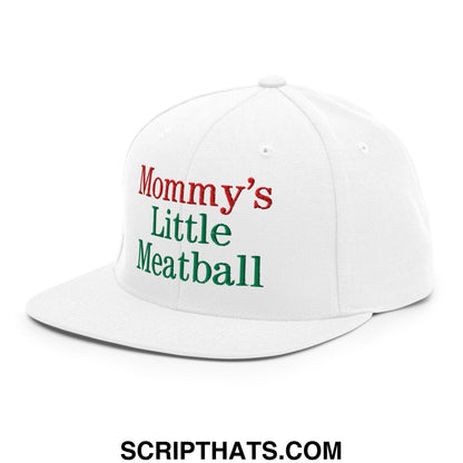 White snapback cap with mommys little meatball embroidered in red and green thread on the front panel