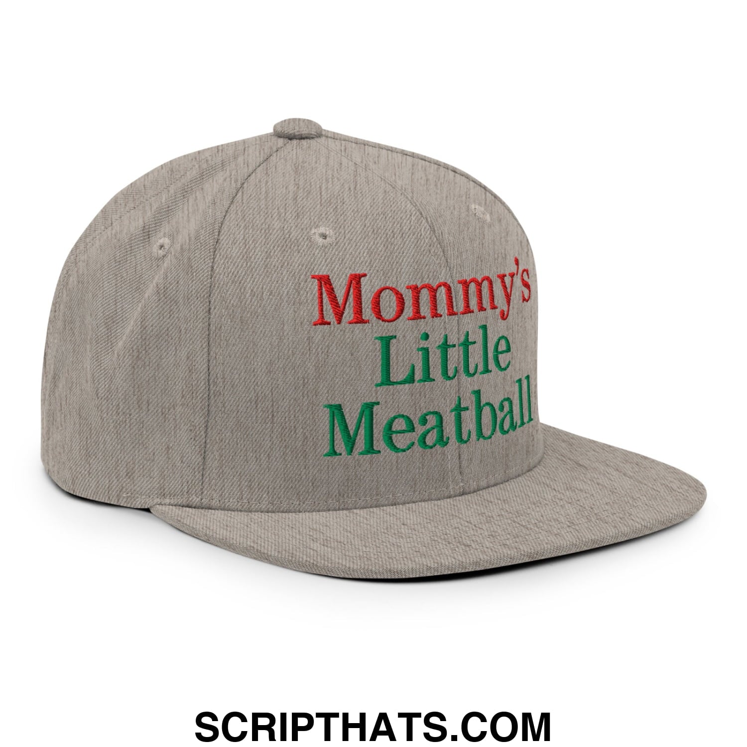 Gray snapback hat with mommy’s little meatball embroidered in red and green thread on a flat bill brim