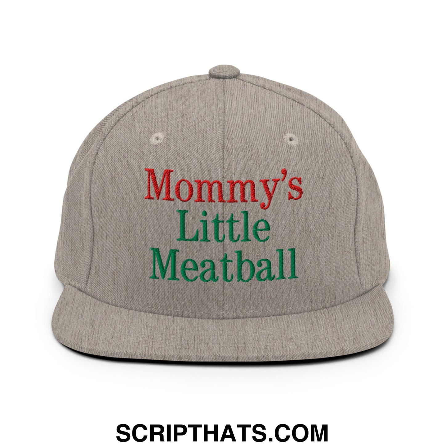Gray snapback cap with flat bill brim embroidered with red and green mommy’s little meatball text