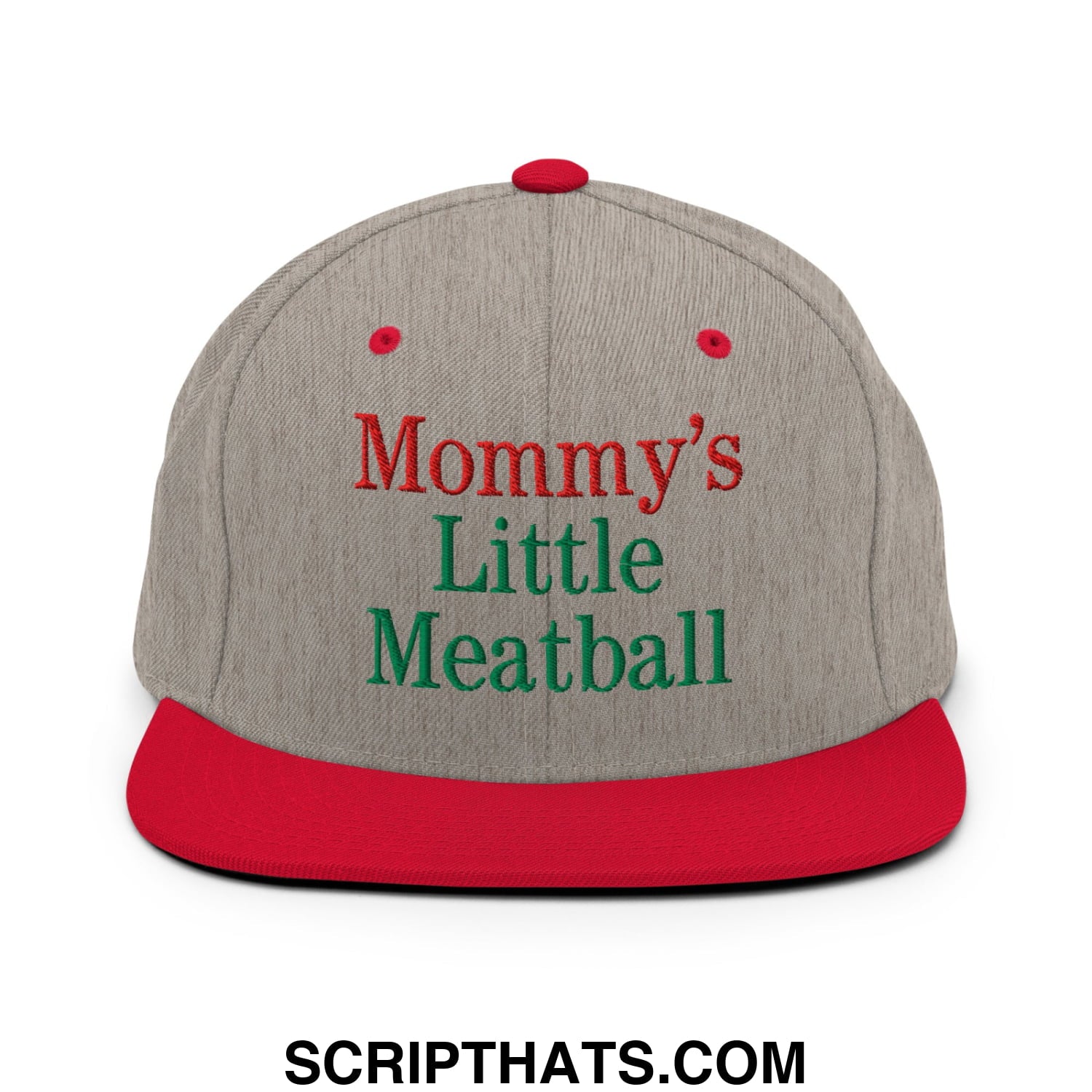 Gray and red snapback hat with mommy’s little meatball embroidered in red and green thread on flat bill brim