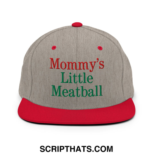 Mommy's Little Meatball Embroidered Flat Bill Brim Snapback Hat Heather Grey Red
