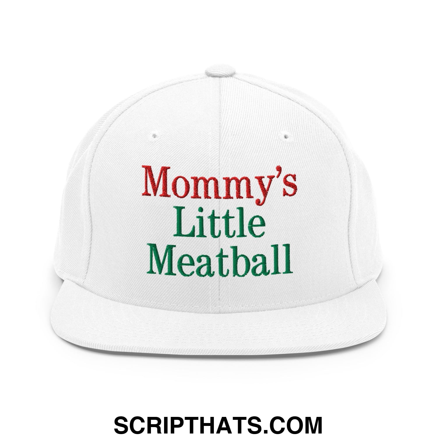 White snapback cap with embroidered mommy’s little meatball text in red and green thread on flat bill brim