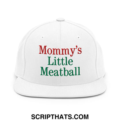 White snapback cap with embroidered mommy’s little meatball text in red and green thread on flat bill brim