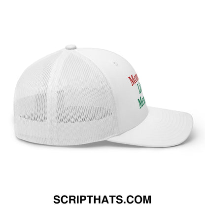 White trucker mesh hat with red and green embroidered mommy’s little meatball text on the side