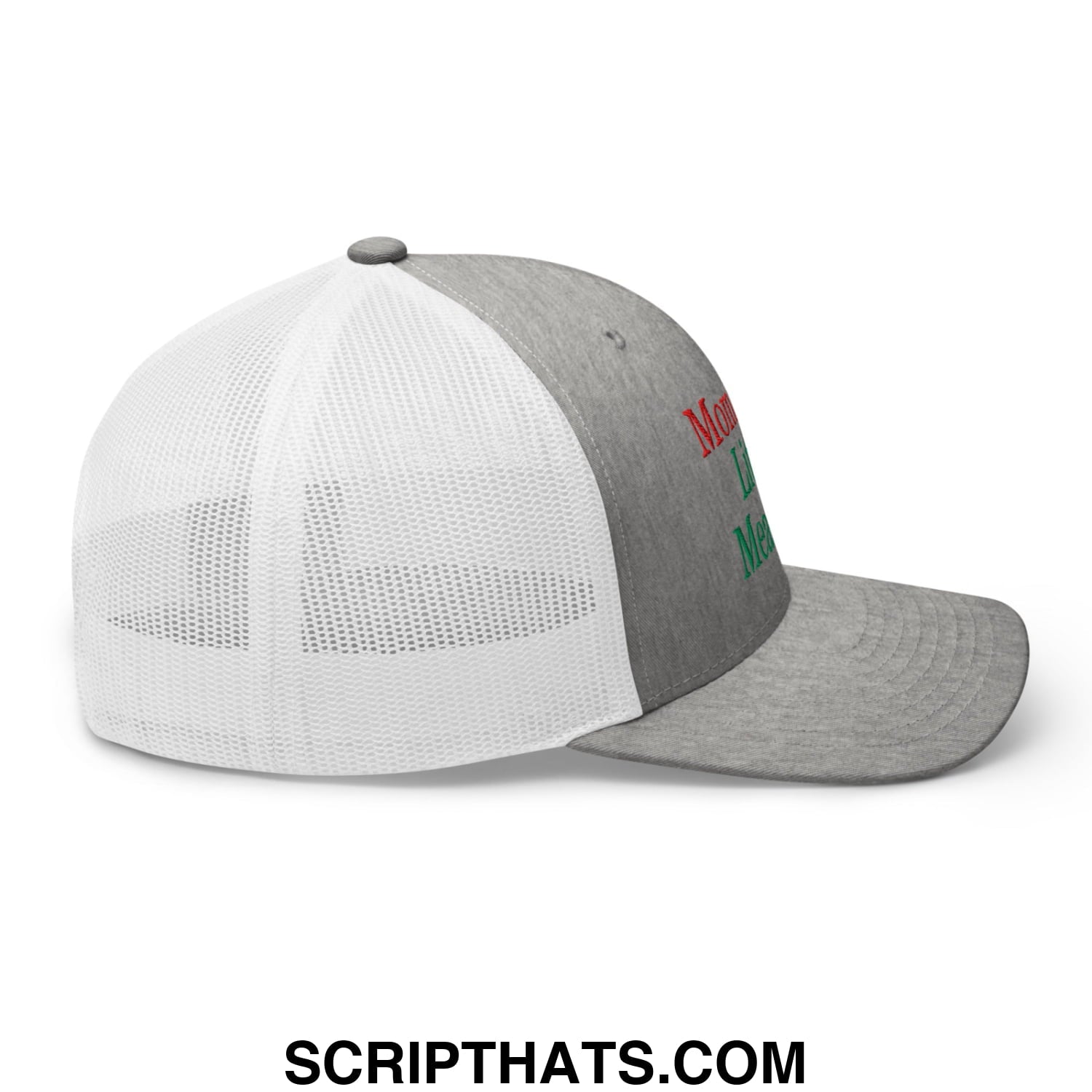 Gray and white mesh trucker hat with red and green embroidered text mommy’s little meatball on the side