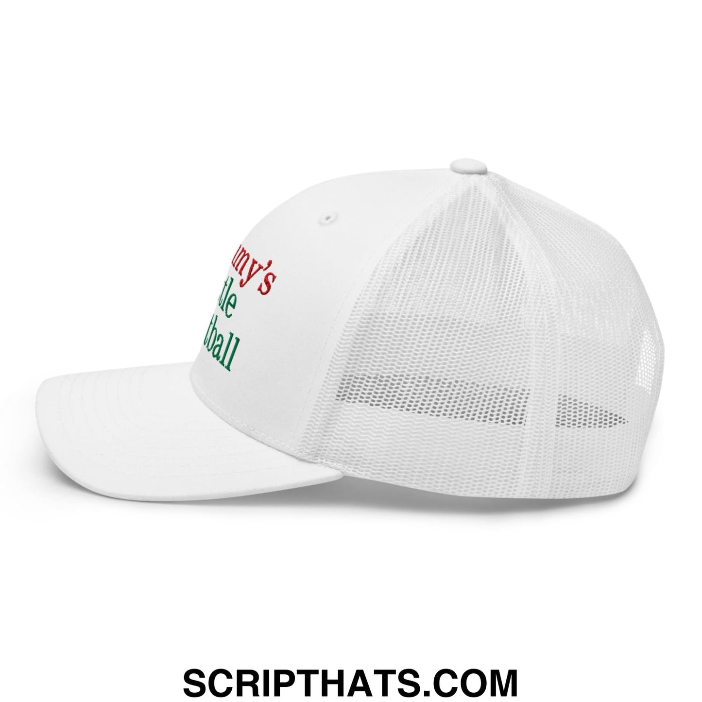 White mesh trucker hat with red and green embroidered text mummy’s little football on the side for moms