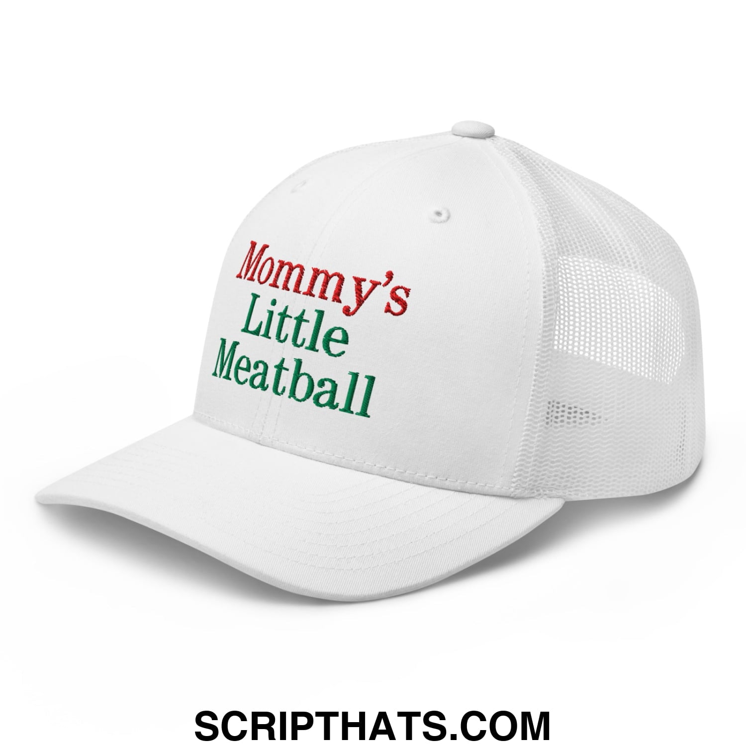 White mesh trucker hat with mommy’s little meatball embroidered in red and green lettering