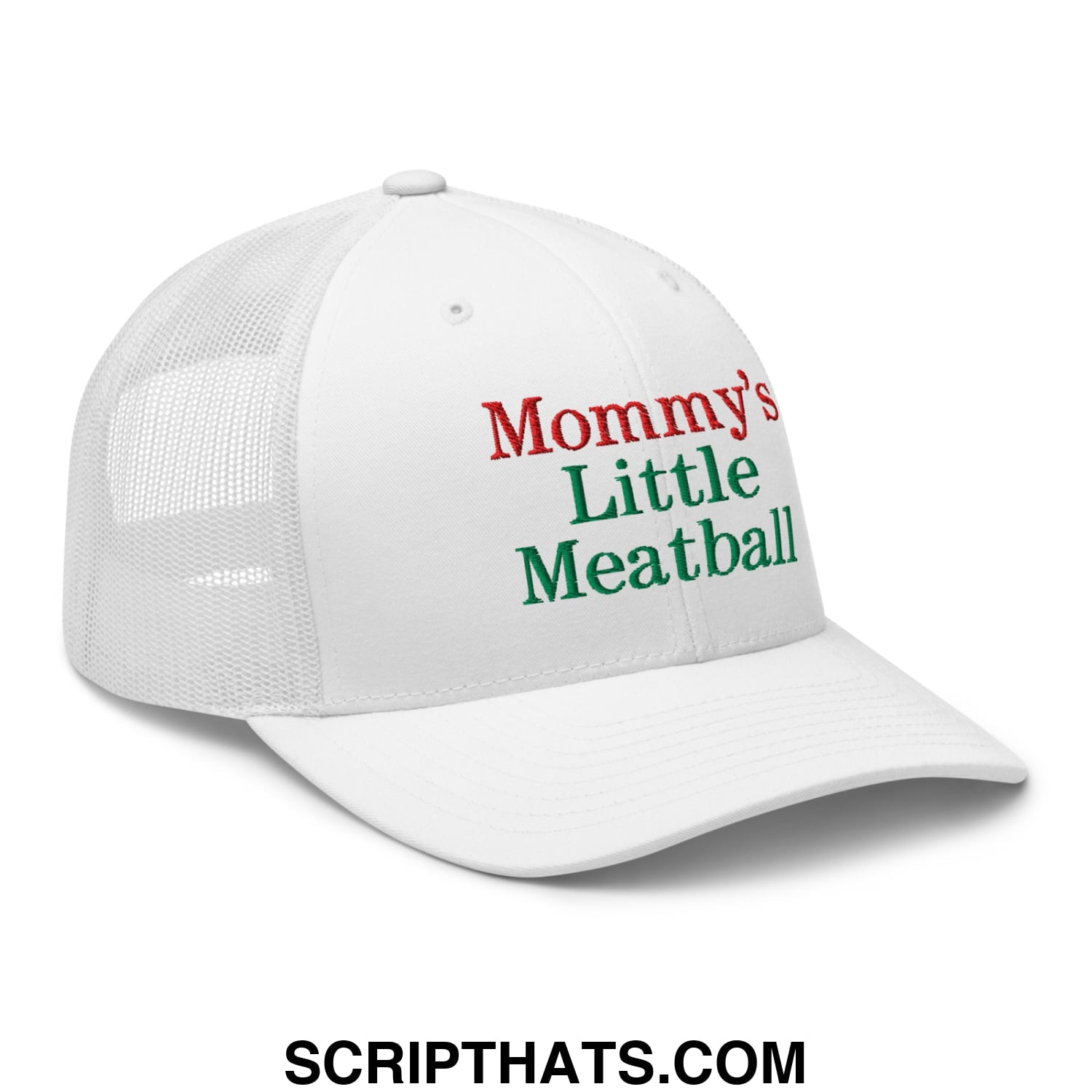 White mesh trucker hat with mommy’s little meatball embroidered in red and green lettering