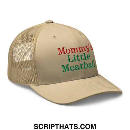 Beige mesh trucker hat with red and green embroidered text reading mommy’s little meatball