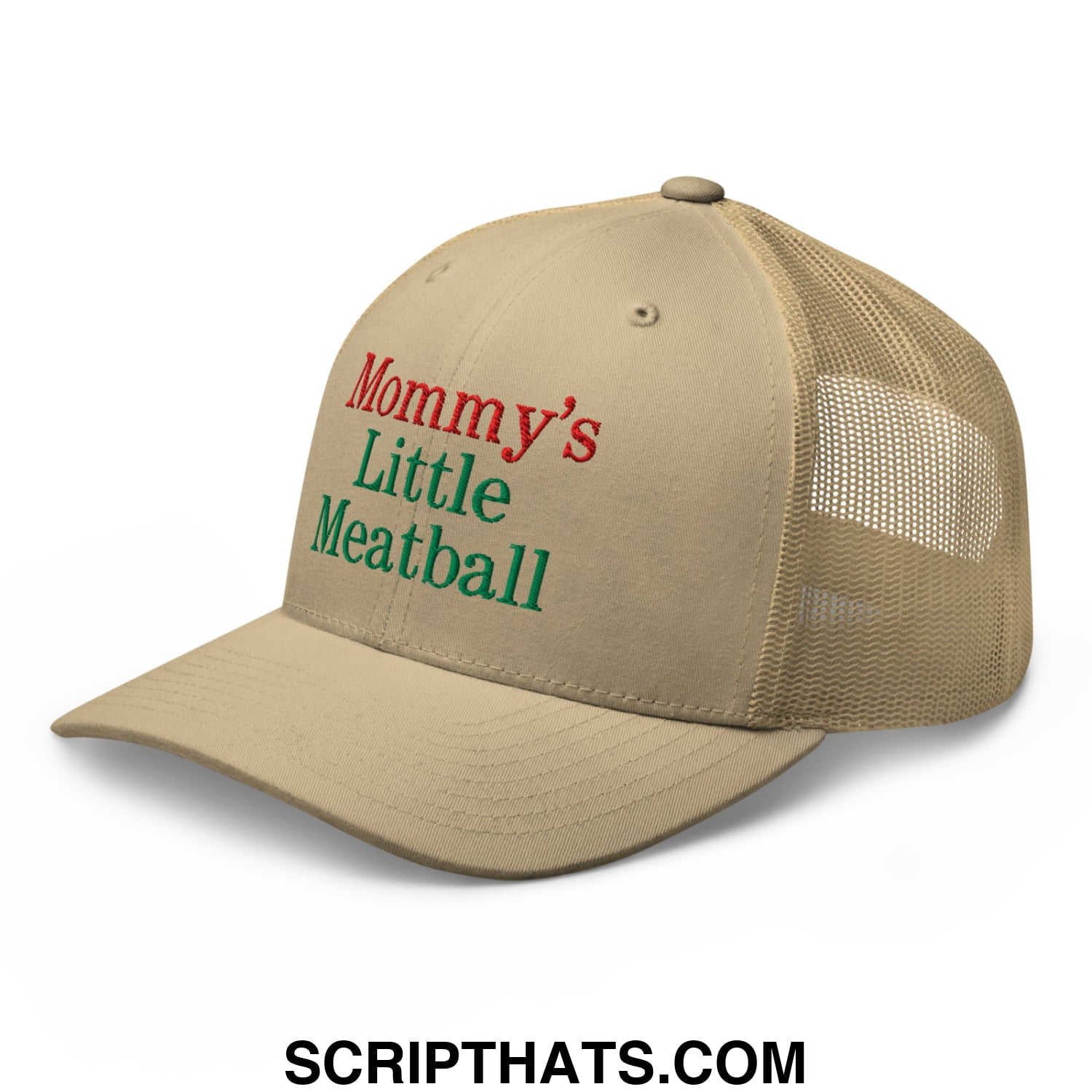 Beige mesh trucker hat with mommy’s little meatball embroidered in red and green thread front view