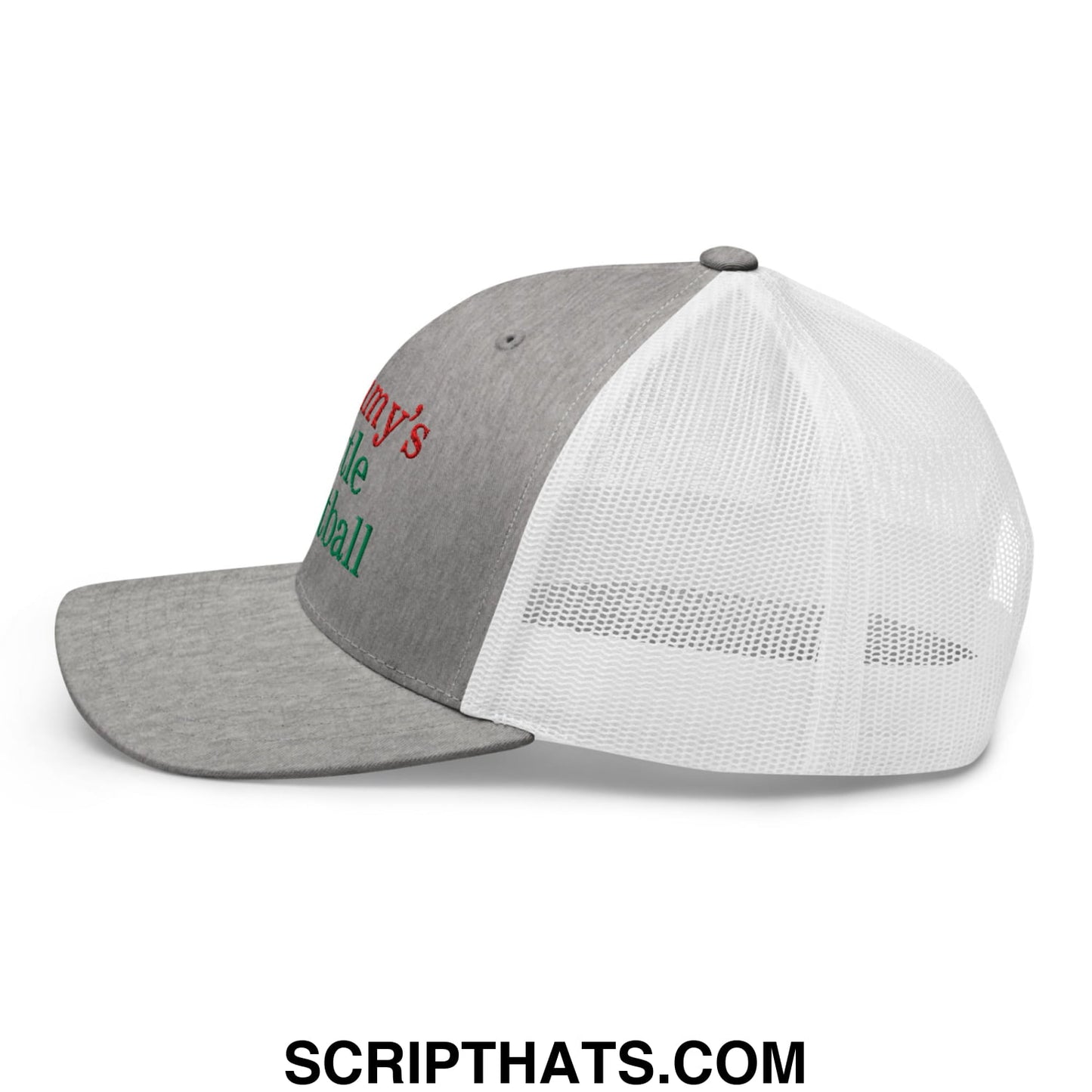 Gray and white mesh trucker hat with embroidered red and green mummy’s little ball text on front panel