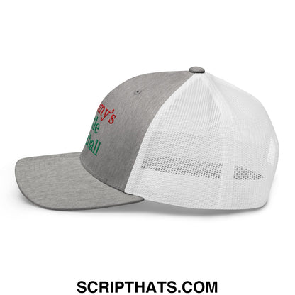 Gray and white mesh trucker hat with embroidered red and green mummy’s little ball text on front panel