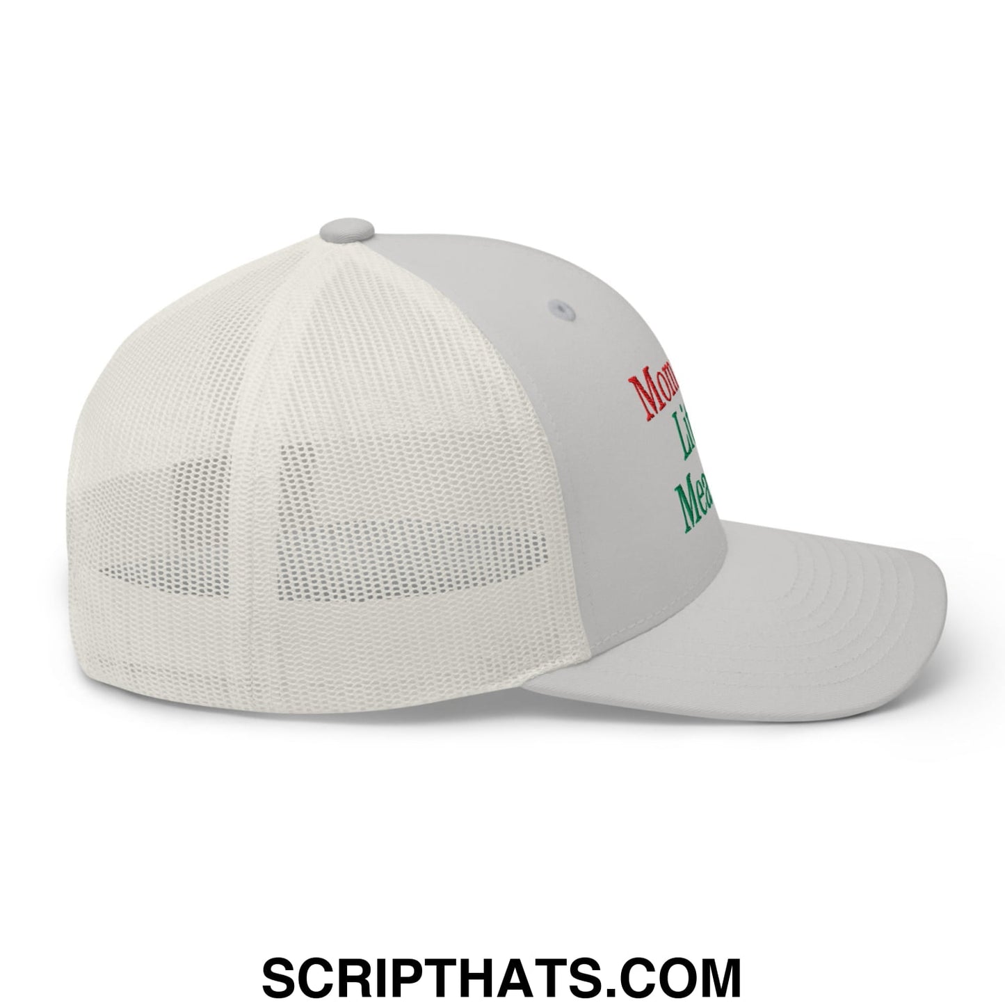 A light gray mommy’s little meatball embroidered mesh trucker hat with red and green text and a mesh back
