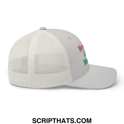 A light gray mommy’s little meatball embroidered mesh trucker hat with red and green text and a mesh back
