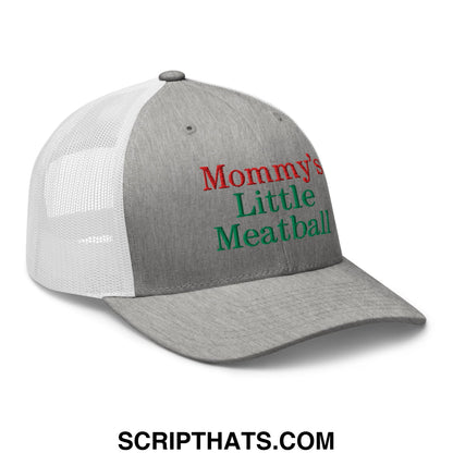 Gray and white mesh trucker hat with mommy’s little meatball embroidered in red and green thread