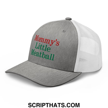 Gray and white mesh trucker hat with mommy’s little meatball embroidered in red and green thread