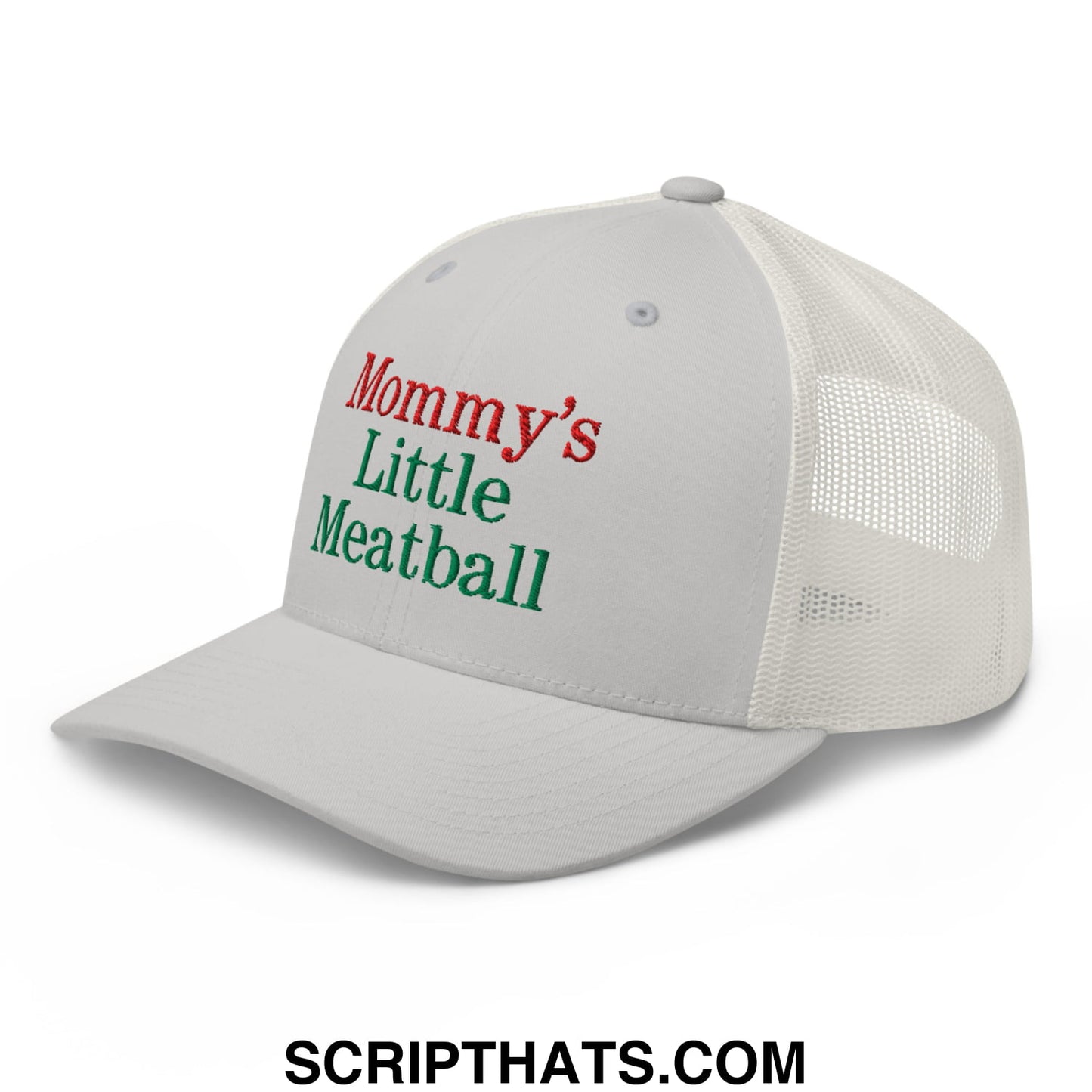 White mesh trucker hat with mommy’s little meatball embroidered in red and green thread on the front panel