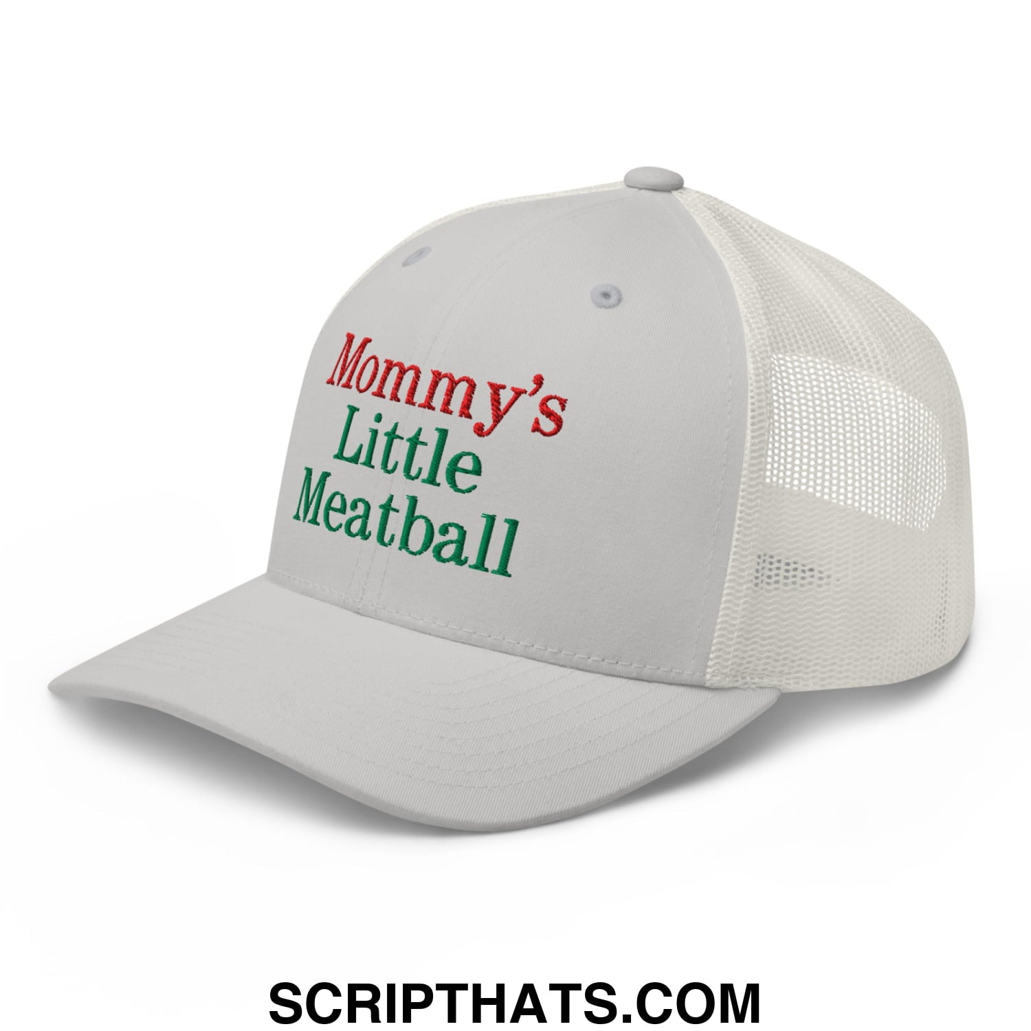 White mesh trucker hat with mommy’s little meatball embroidered in red and green thread on the front panel