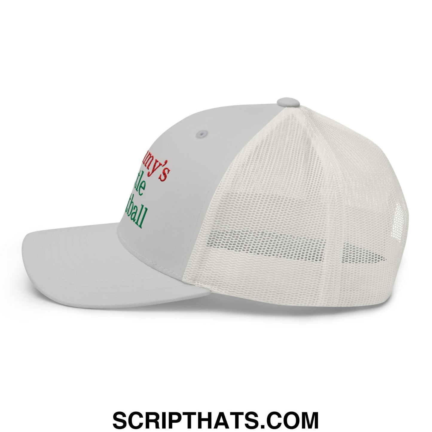 Gray mesh trucker hat with embroidered mummy’s little ball text in red and green for mommy’s little meatball design