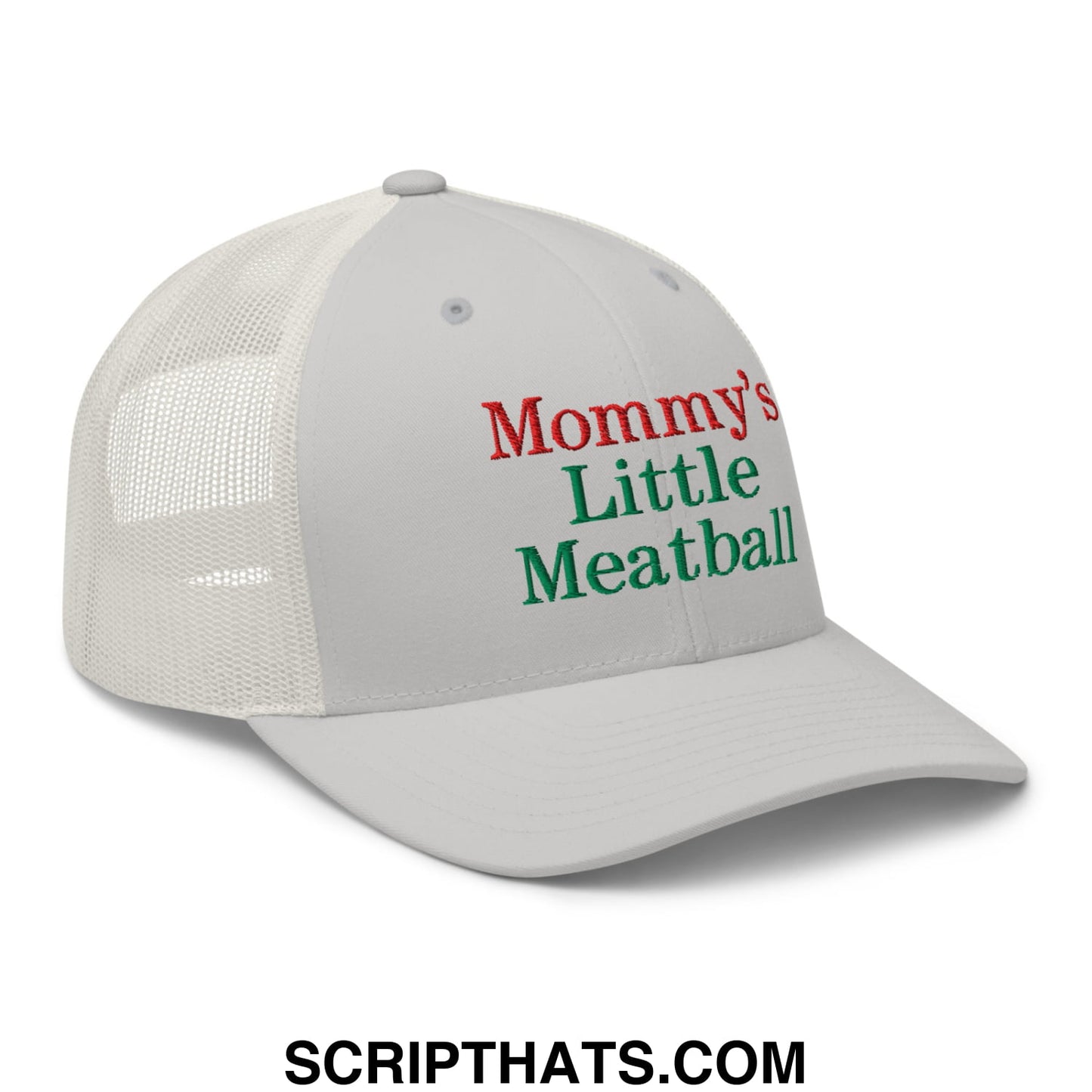 White mesh trucker hat with mommy’s little meatball embroidered in red and green thread on the front