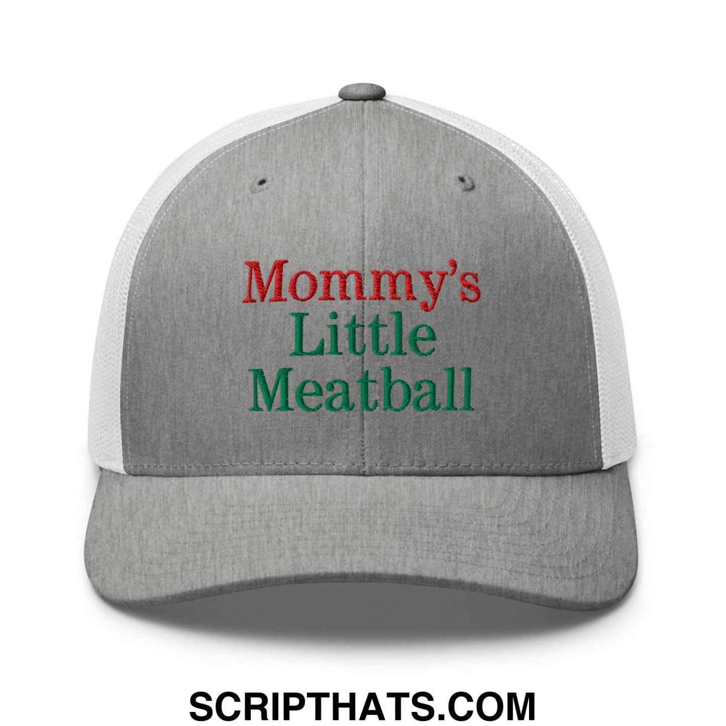 Gray and white mesh trucker hat with embroidered mommy’s little meatball text in red and green thread
