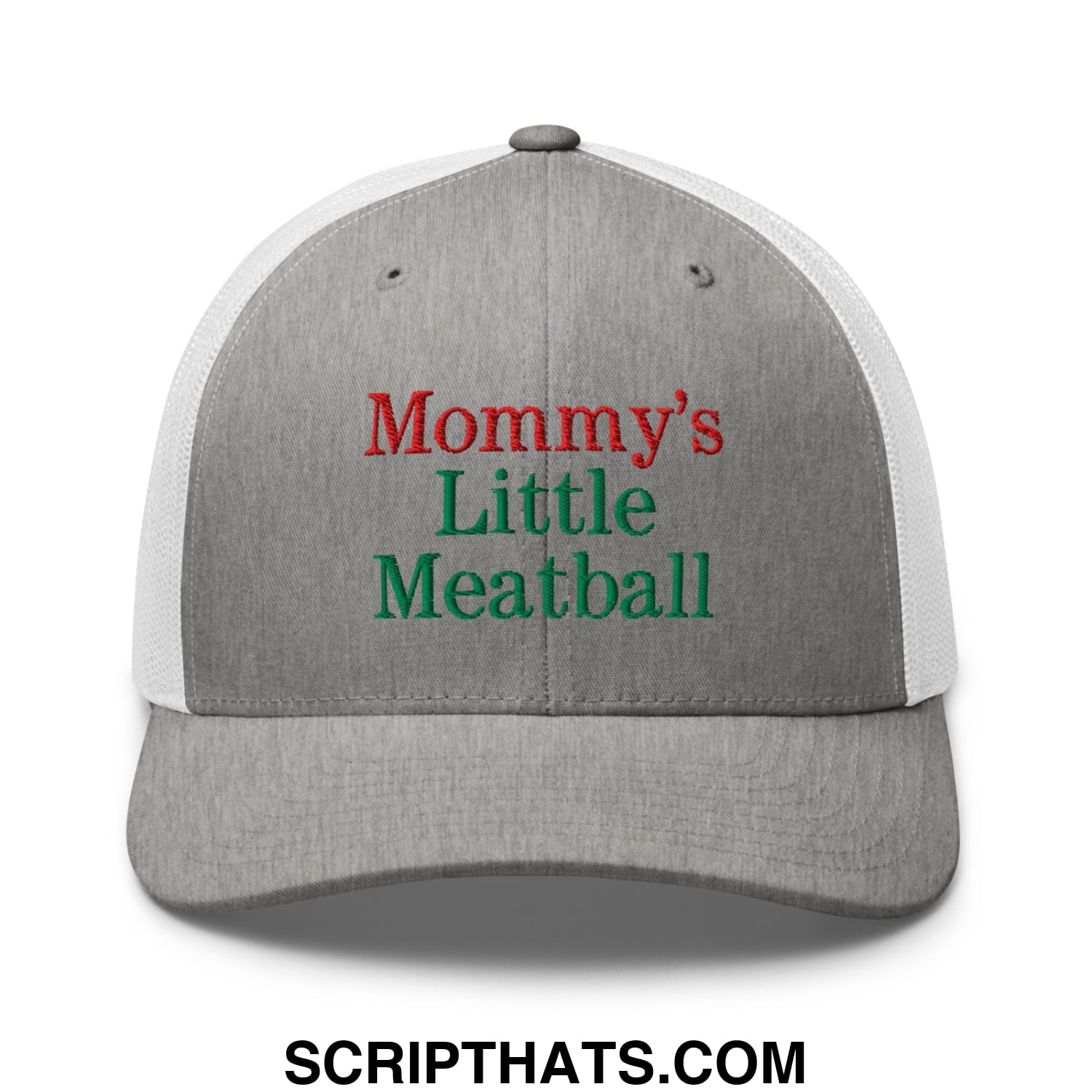 Gray and white mesh trucker hat with embroidered mommy’s little meatball text in red and green thread