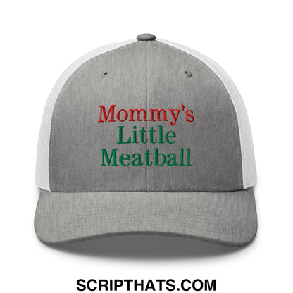 Gray and white mesh trucker hat with embroidered mommy’s little meatball text in red and green thread