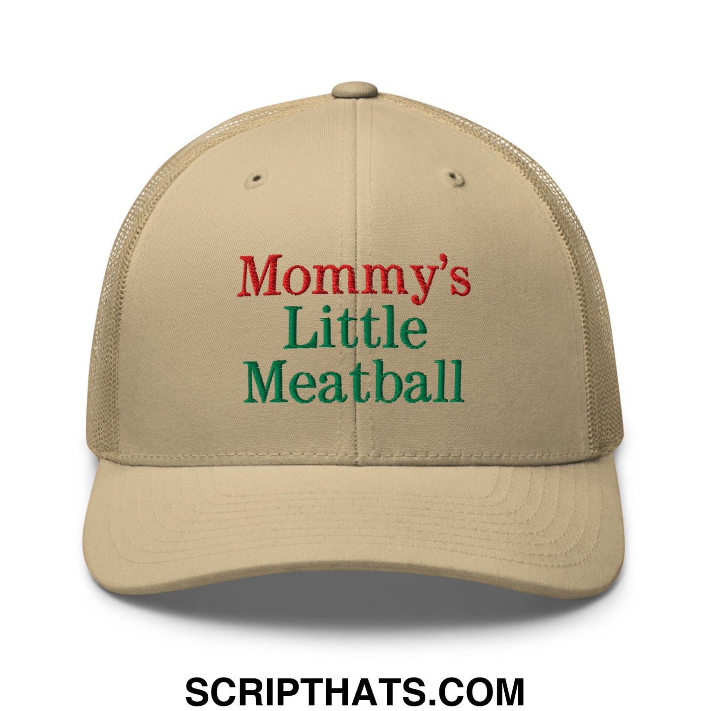 Beige mesh trucker hat with embroidered red and green text reading mommys little meatball
