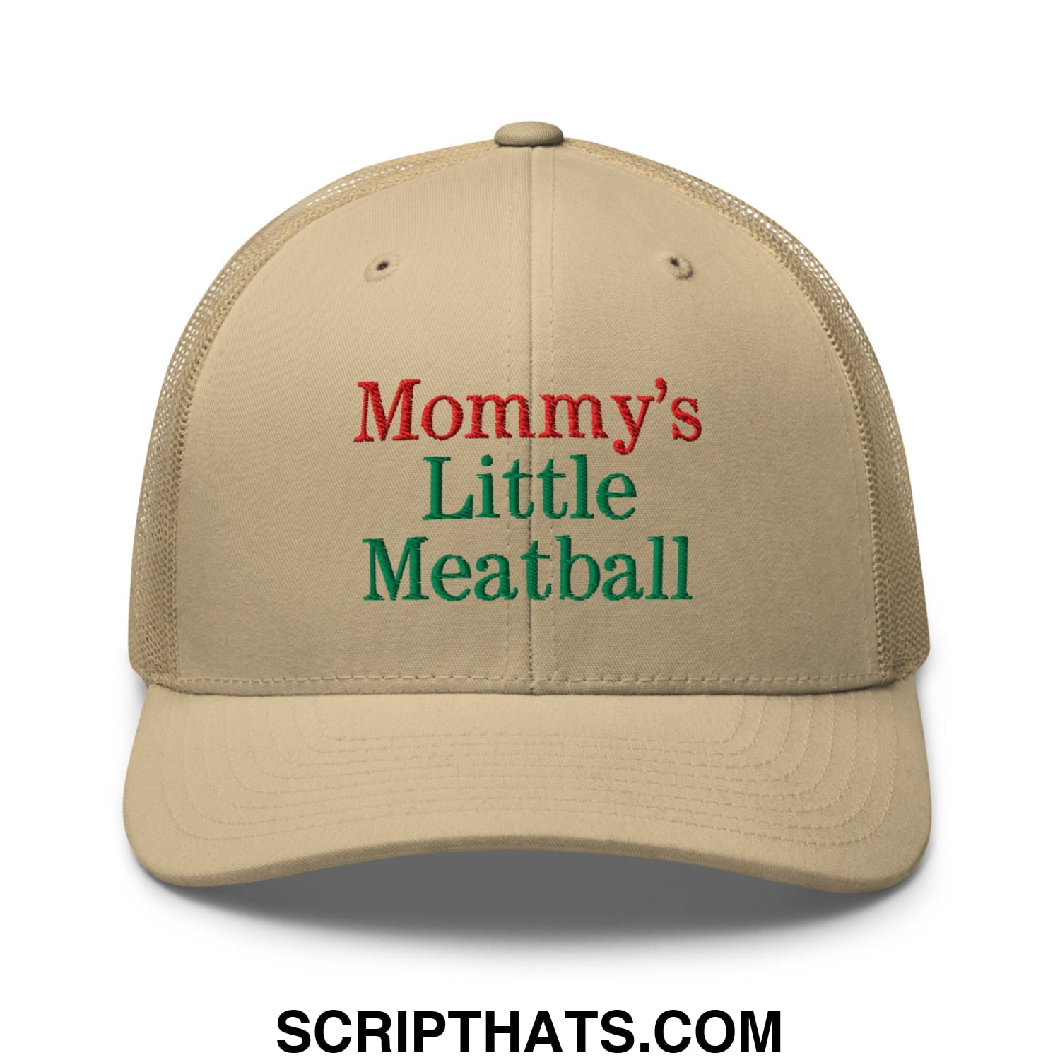 Beige mesh trucker hat with embroidered red and green text reading mommys little meatball