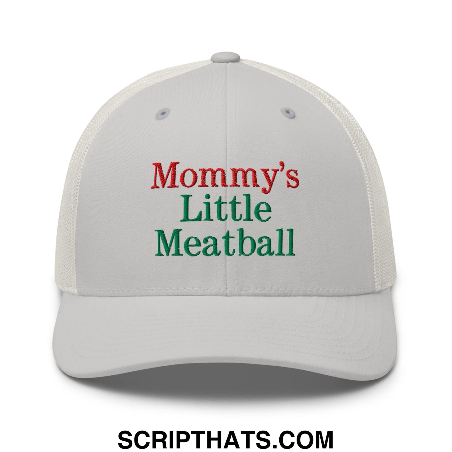 White mesh trucker hat embroidered with red and green text mommy’s little meatball for casual wear