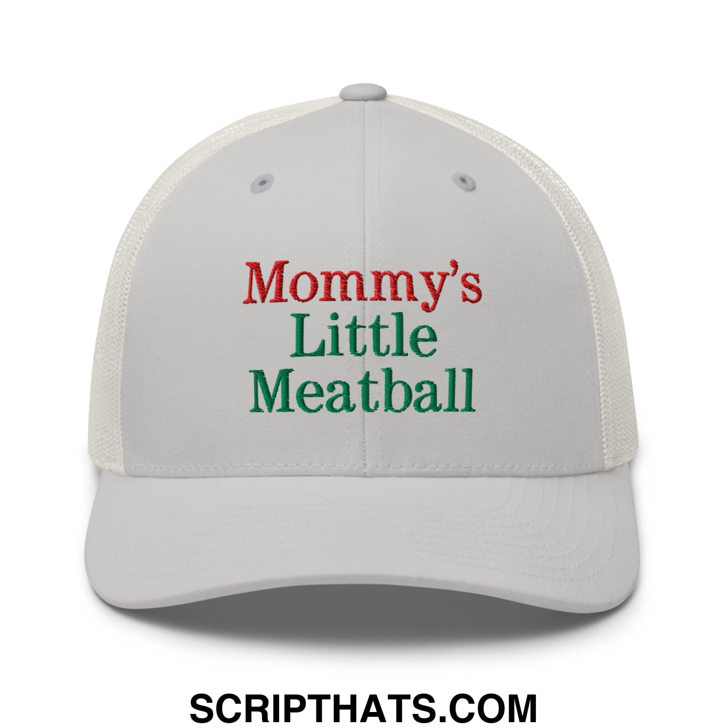 White mesh trucker hat embroidered with red and green text mommy’s little meatball for casual wear