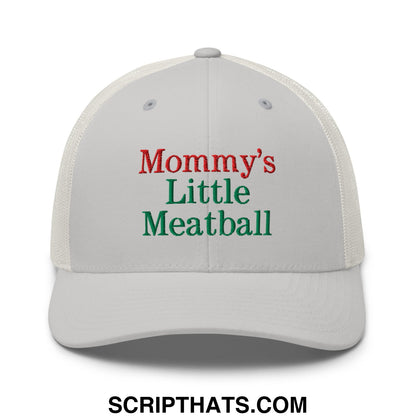 White mesh trucker hat embroidered with red and green text mommy’s little meatball for casual wear
