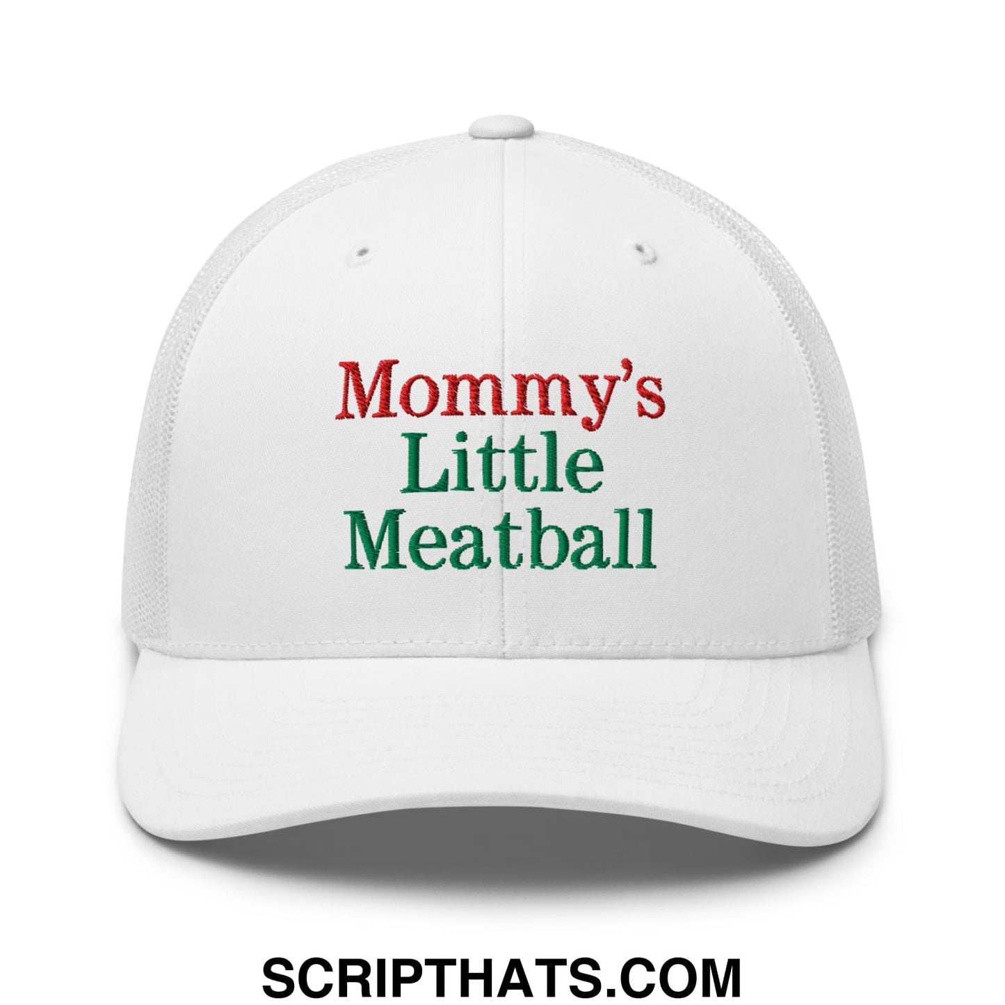 White mesh trucker hat embroidered with mommy’s little meatball text in red and green thread